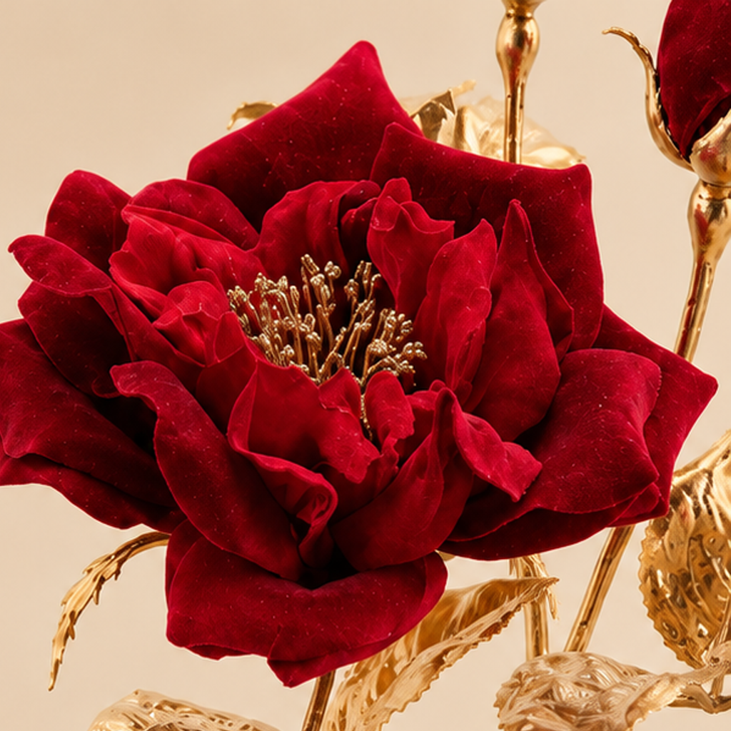 Ramo Rosa Rossa con Boccioli Oro H50 cm