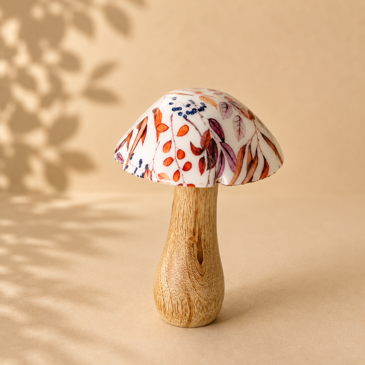 Decorazione Fungo in Legno di Mango con Decoro Lucido – Fatto a Mano h.10cm