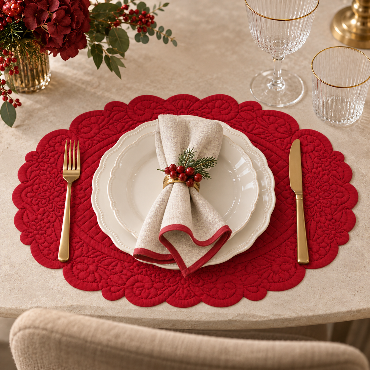Tovaglietta Americana Ovale Rossa in Cotone 35 x 50 cm - Collezione Carmen
