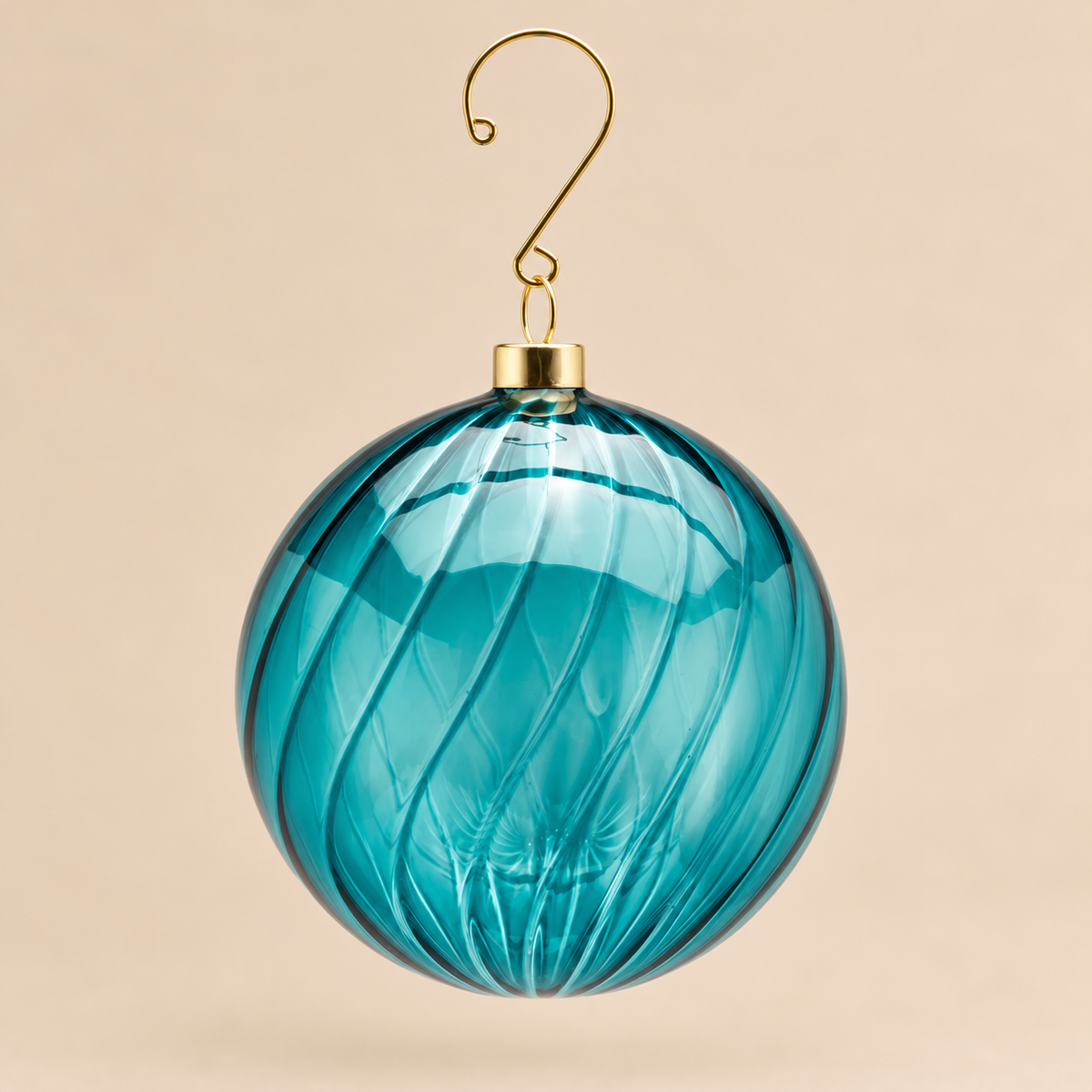 Sfera di Natale EDG in Vetro Turchese Trasparente con Righe a Spirale in Rilievo – Ø 10 cm