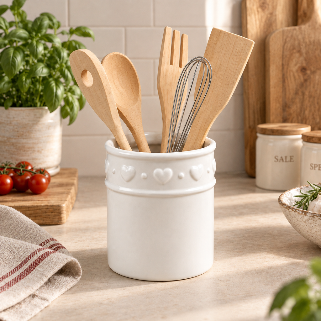 Portamestoli in Ceramica Bianca con Mestoli in Legno