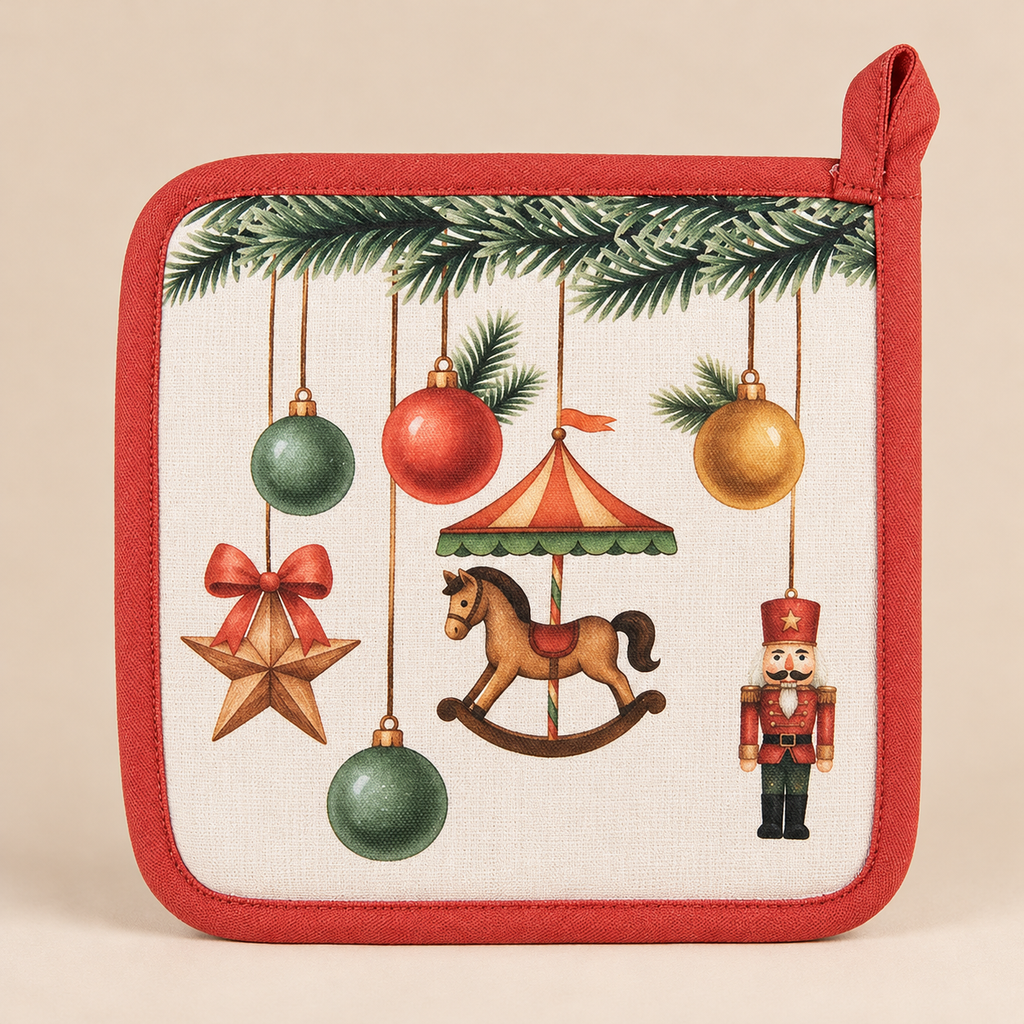 Presina da Cucina Natalizia Christmas Carousel Double Face in Cotone con Cavallo a Dondolo, Fiocco Rosso e Addobbi 20 x 20 cm