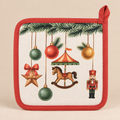Presina da Cucina Natalizia Christmas Carousel Double Face in Cotone con Cavallo a Dondolo, Fiocco Rosso e Addobbi 20 x 20 cm