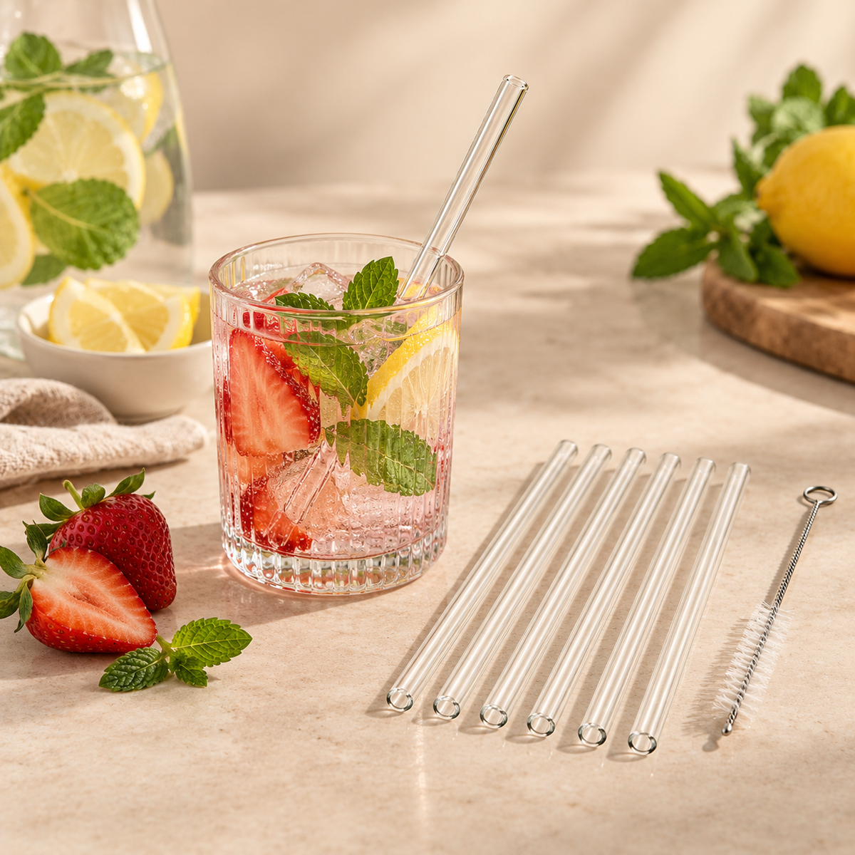 Set 6 Cannucce Riutilizzabili in Vetro Trasparente con Spazzolino per Pulizia – 15 cm