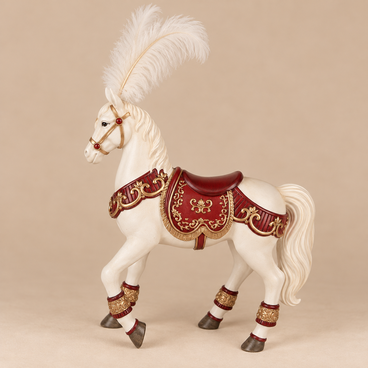 Cavallo Natalizio Decorativo Bianco con Piume e Sella Rossa Oro 35 x 12 x H56 cm