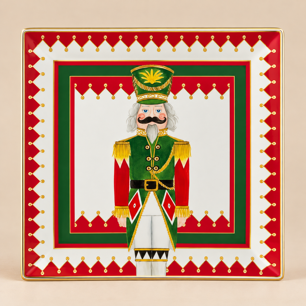 Vassoio Gourmet Natalizio Quadrato Xmas Carol in Porcellana con Schiaccianoci Verde e Rosso 30,5 x 30,5 cm