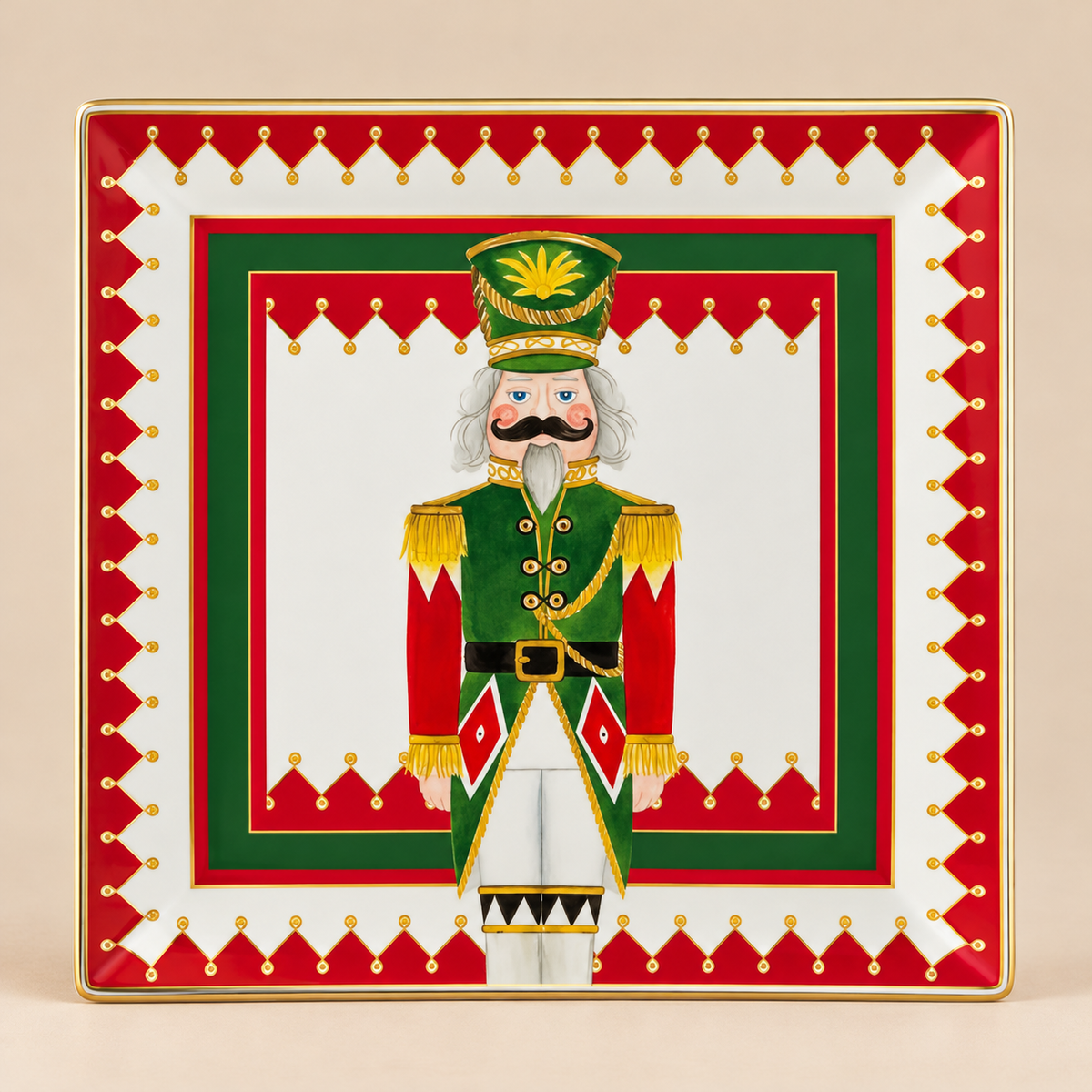Vassoio Gourmet Natalizio Quadrato Xmas Carol in Porcellana con Schiaccianoci Verde e Rosso 30,5 x 30,5 cm