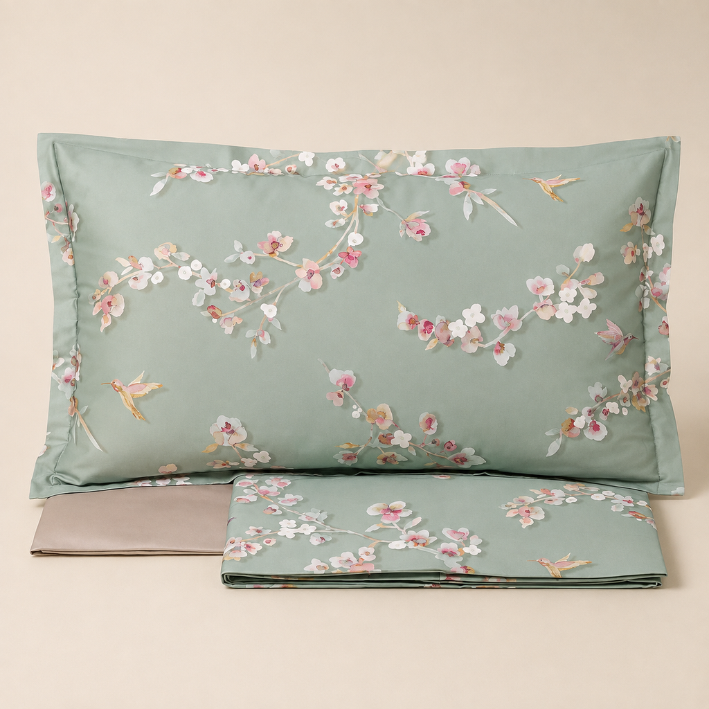 Completo Letto Matrimoniale Bloom Almond Agave – Raso di Puro Cotone 300 TC