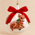 Sfera di Natale EDG in Vetro Bianco con Cerbiatto in Rilievo e Fiocco Rosso in Velluto – Ø 12 cm