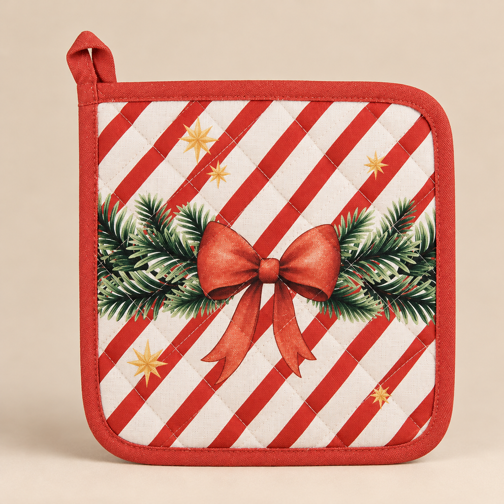 Presina da Cucina Natalizia Christmas Carousel Double Face in Cotone con Cavallo a Dondolo, Fiocco Rosso e Addobbi 20 x 20 cm