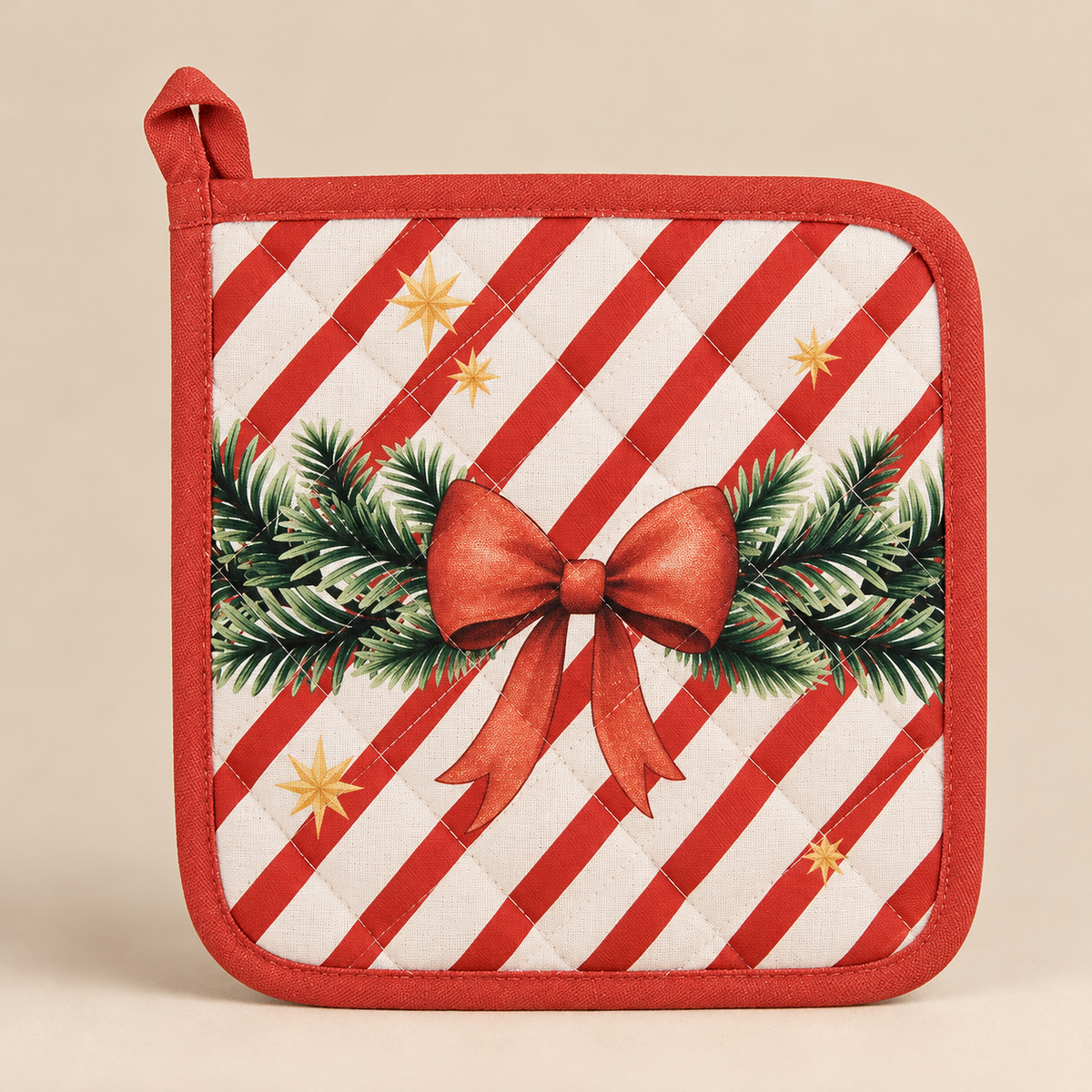 Presina da Cucina Natalizia Christmas Carousel Double Face in Cotone con Cavallo a Dondolo, Fiocco Rosso e Addobbi 20 x 20 cm