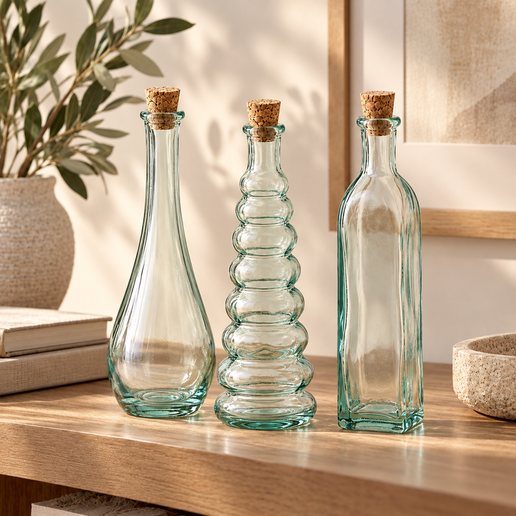 Set 3 Bottigliette Decorative in Vetro Riciclato Trasparente con Tappo in Sughero – Forme Assortite – H 19 cm