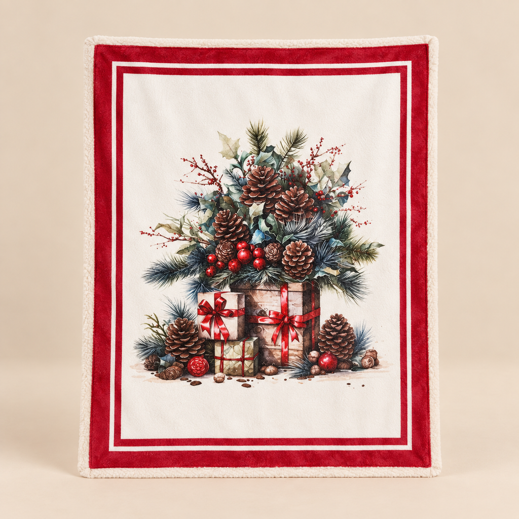 Plaid Natalizio Christmas in the Country con Pigne e Regali 130 x 160 cm