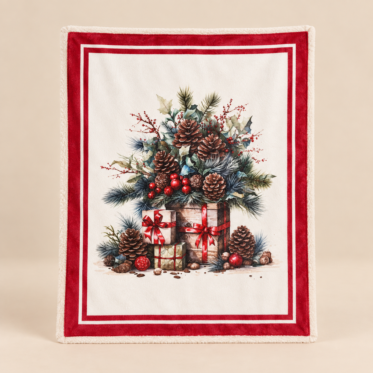 Plaid Natalizio Christmas in the Country con Pigne e Regali 130 x 160 cm