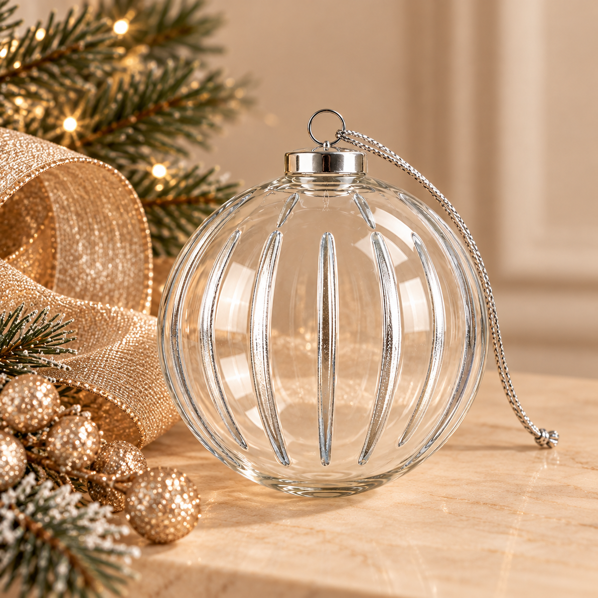 Sfera di Natale in Vetro Trasparente con Righe Verticali Argentate – Ø 10 cm