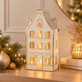 Portacandela Natalizio Casetta Alta Bianca e Oro in Metallo con Finestre ad Arco – Collezione Villaggio di Luci 20x10,5x38 cm
