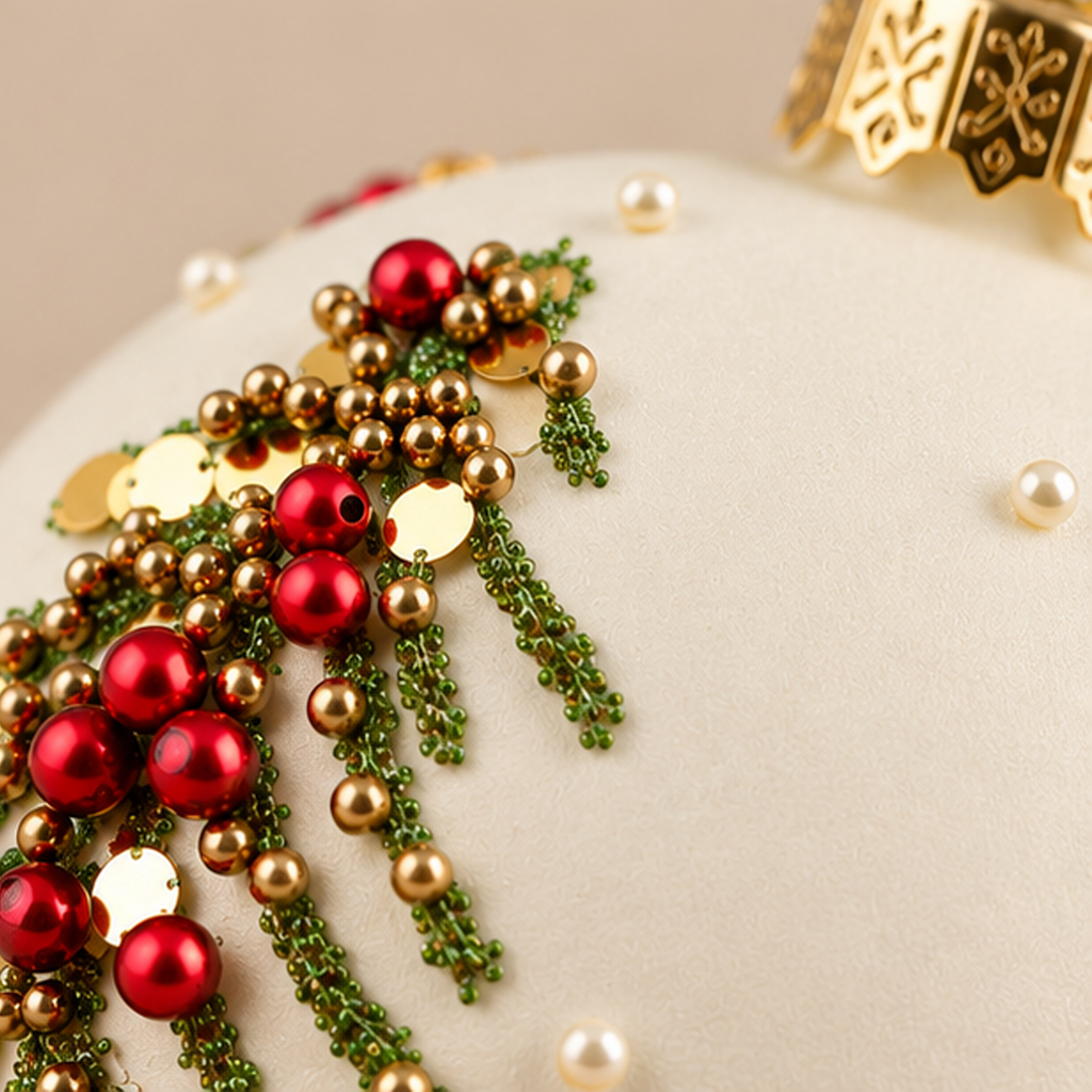 Sfera di Natale in Vetro Bianco Avorio con Rami Natalizi, Bacche Rosse e Dettagli Dorati – Ø 8,5 cm