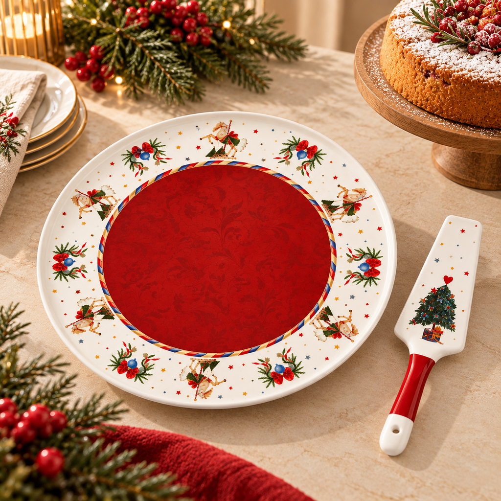 Set Torta Natalizio con Piatto in Ceramica Ø32 cm e Paletta Dolce La Giostra di Amelie – Fantasia Agrifoglio, Bacche Rosse e Albero di Natale