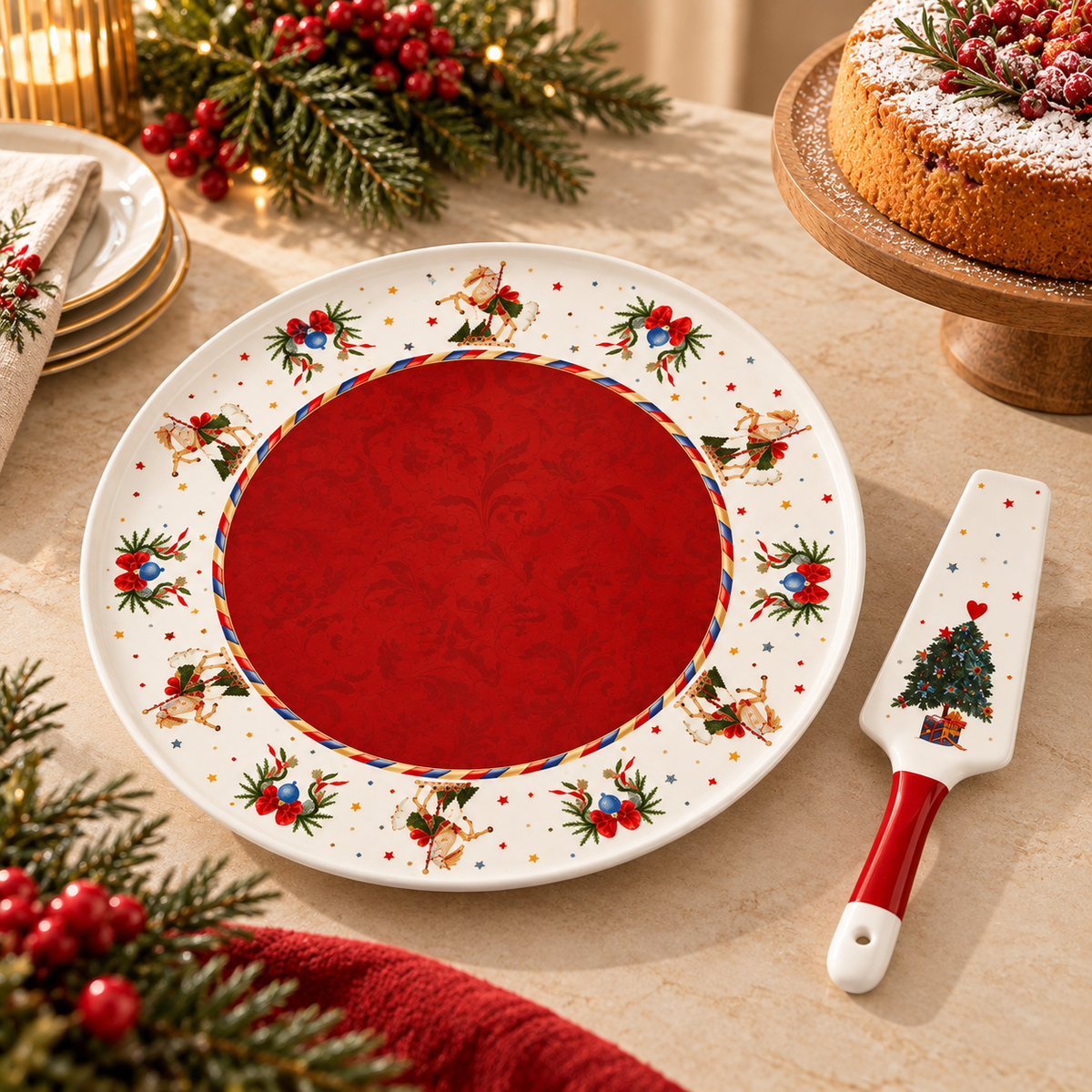 Set Torta Natalizio con Piatto in Ceramica Ø32 cm e Paletta Dolce La Giostra di Amelie – Fantasia Agrifoglio, Bacche Rosse e Albero di Natale