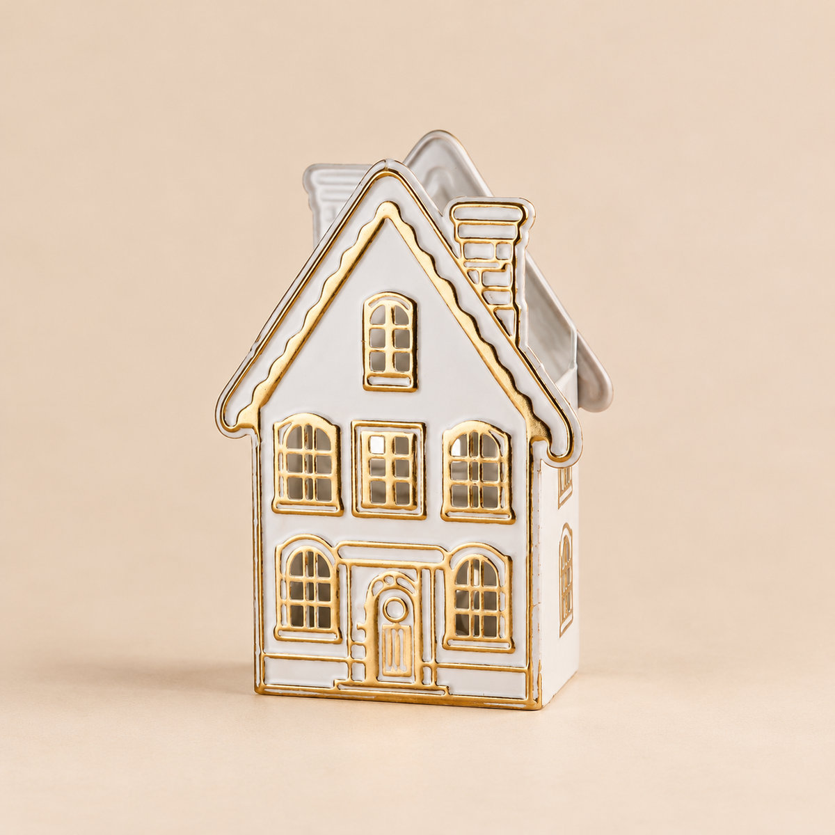 Portacandela Natalizio a Forma di Casetta Bianca e Oro con Tetto Spiovente in Metallo – Collezione Villaggio di Luci 16x9x25 cm