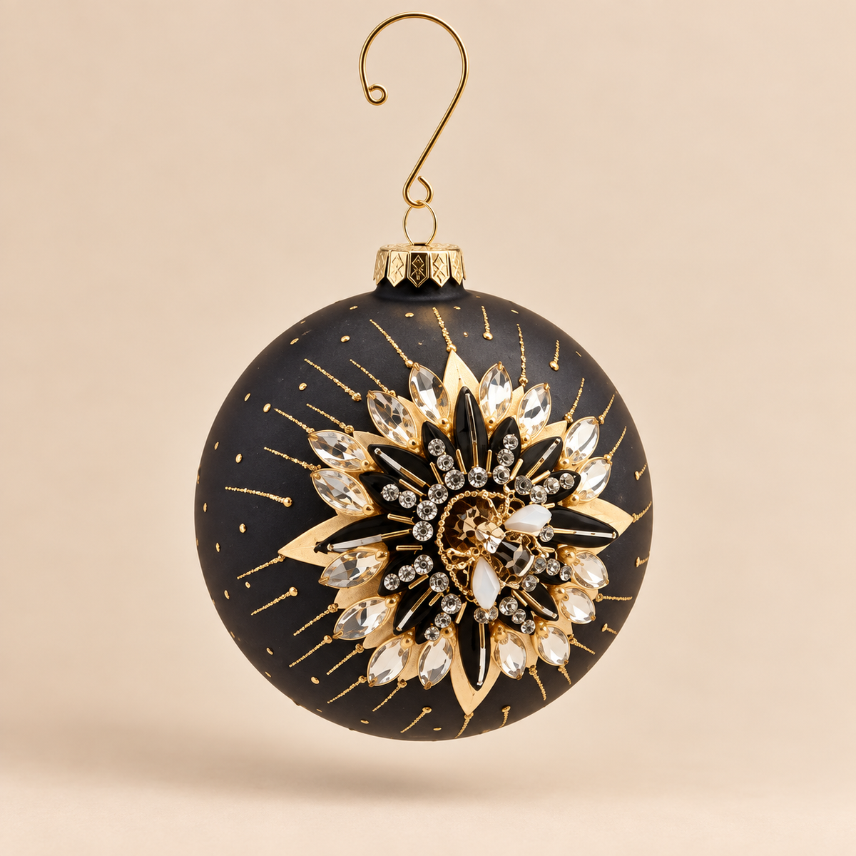 Sfera di Natale Ape Gioiello Nero Oro e Avorio Ø 10 cm in Vetro Fatta a Mano