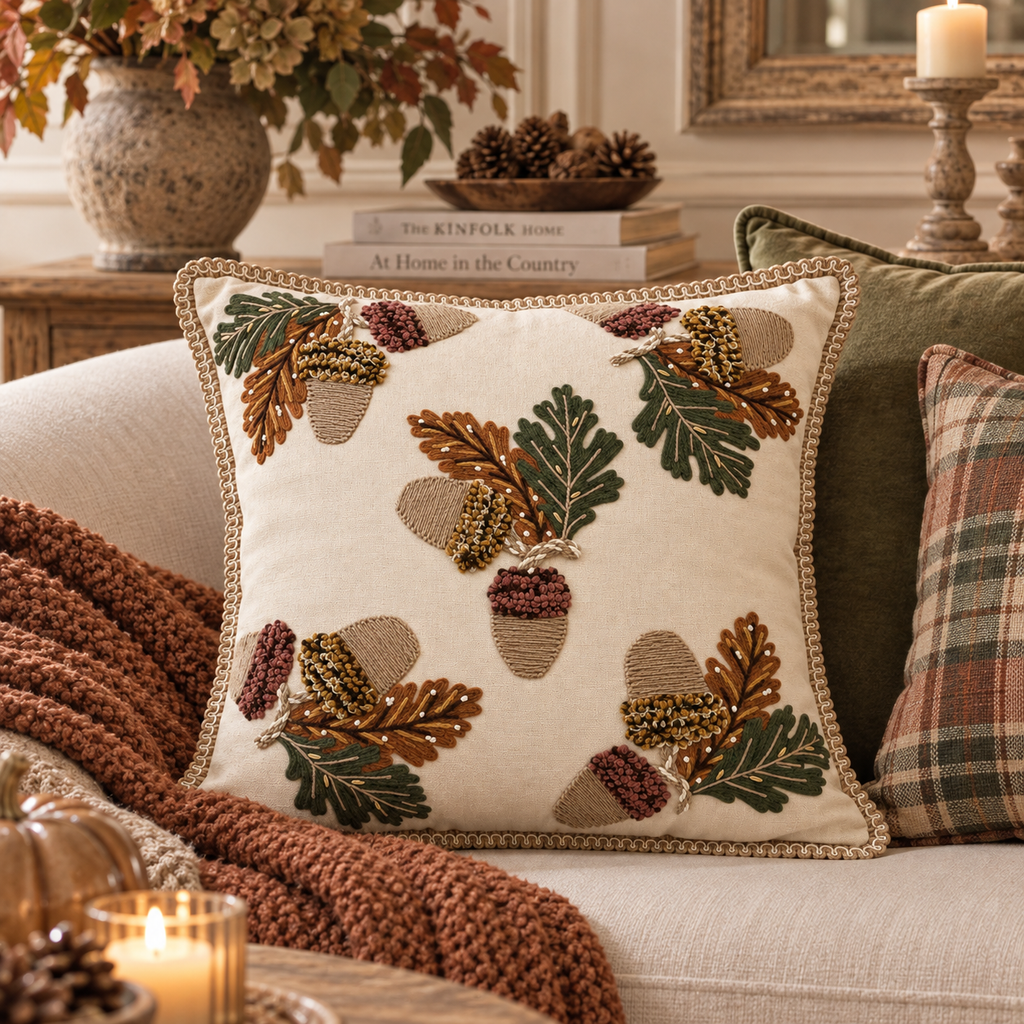 Cuscino Decorativo Ricamato Beige con Ghiande e Foglie di Quercia in Rilievo 45 x 45 cm – Blanc Mariclò