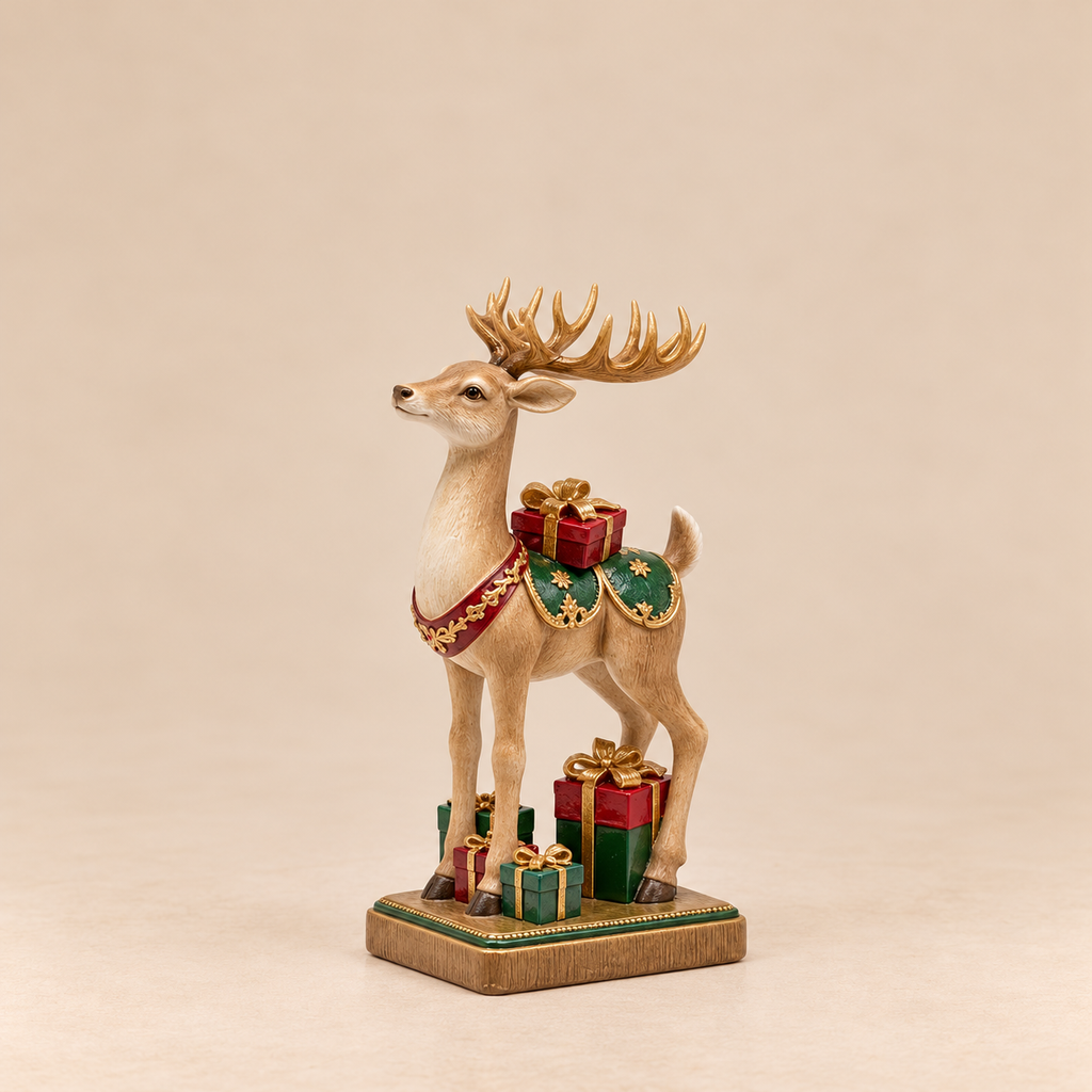 Renna Natalizia Decorativa EDG con Pacchi Regalo Verde, Rosso e Oro 27 cm