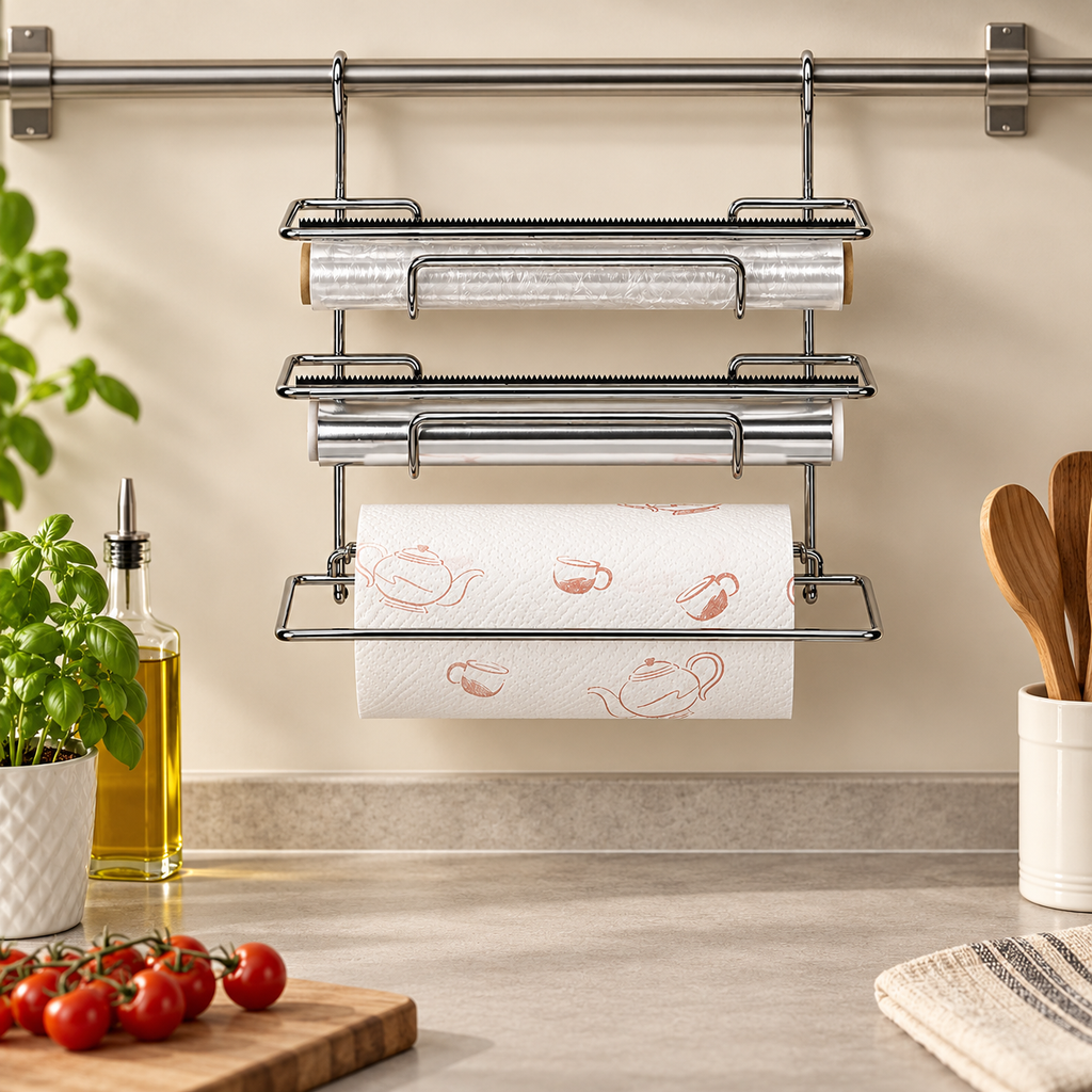 Dispenser Portarotoli da Cucina in Metallo Cromato 36 x 19 x H33 cm