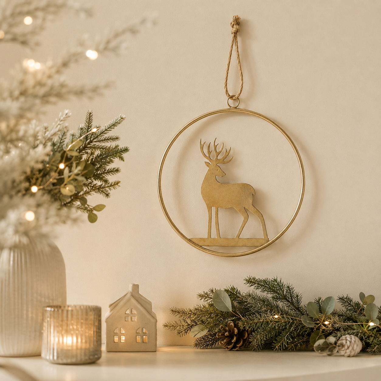 Decoro Pendente Cervo Oro in Metallo – Ø 33 cm