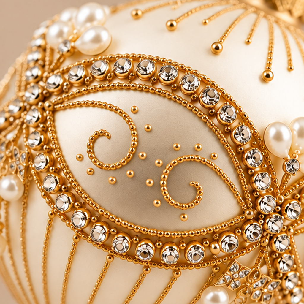 Sfera di Natale in Vetro Bianco Avorio con Decori Barocchi Oro, Strass e Pendenti Cristallo – Ø 10 cm