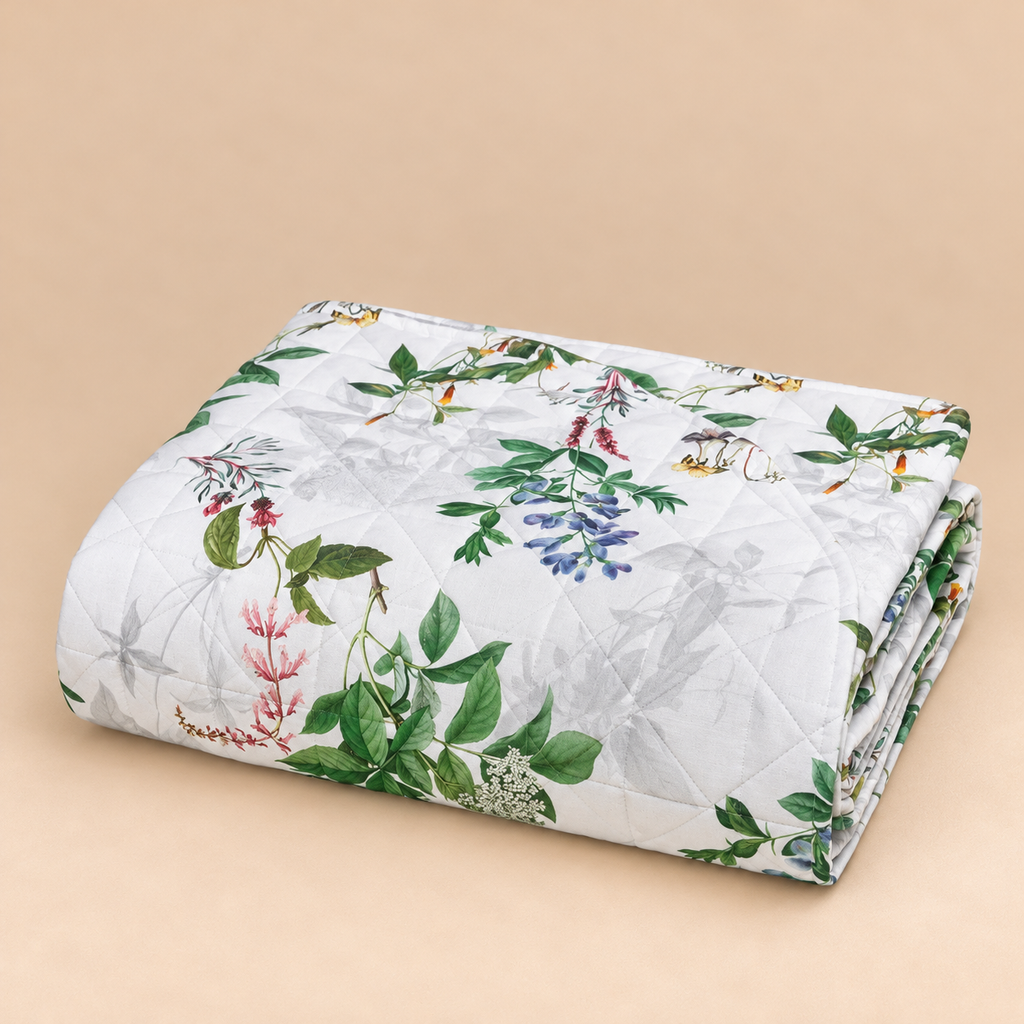Trapunta Leggera Matrimoniale Double-Face Botanical in Percalle di Cotone 200 T.C. con Fantasia Botanica Verde su Fondo Bianco 260 x 260 cm – Tessitura Randi