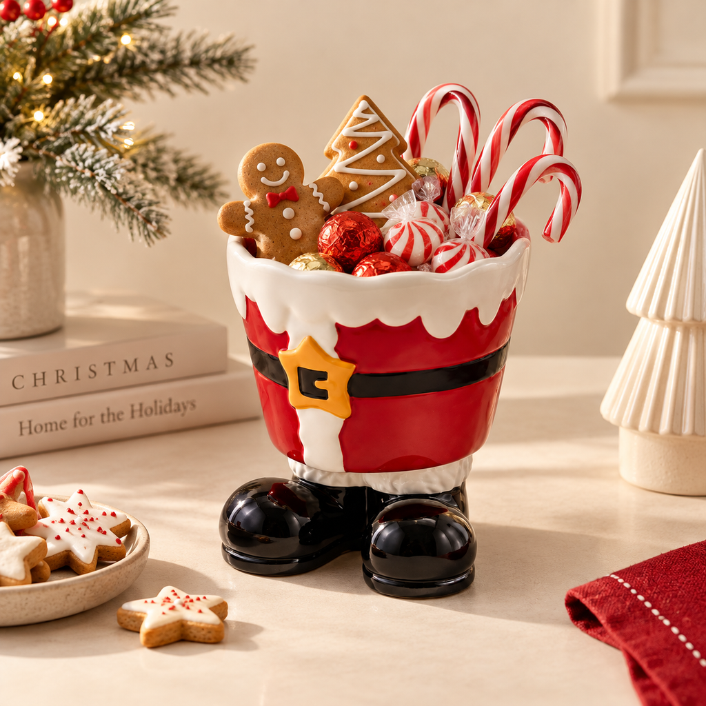 Portavaso Natalizio in Ceramica a Forma di Abito di Babbo Natale con Stivali Ø13 x H14 cm
