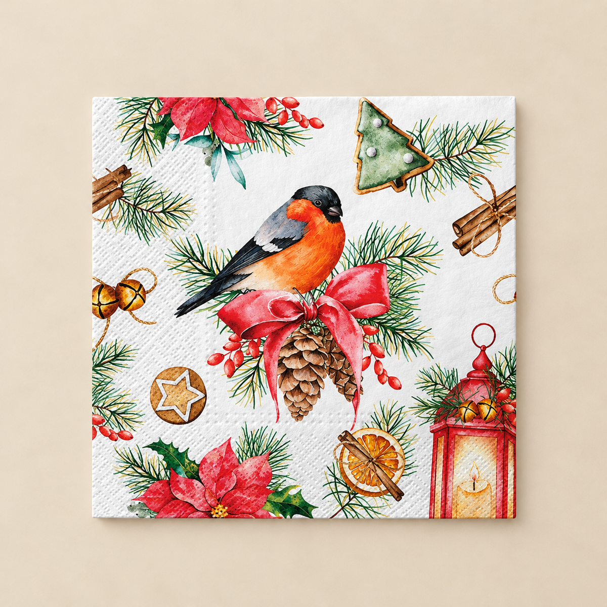 Set 20 Tovaglioli Natalizi in Carta 3 Veli con Uccellino, Pigne e Decorazioni di Natale 33 x 33 cm