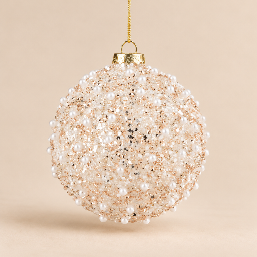Sfera di Natale in Vetro Bianco Perlato con Perle e Cristalli Rosa Champagne – Ø 10 cm