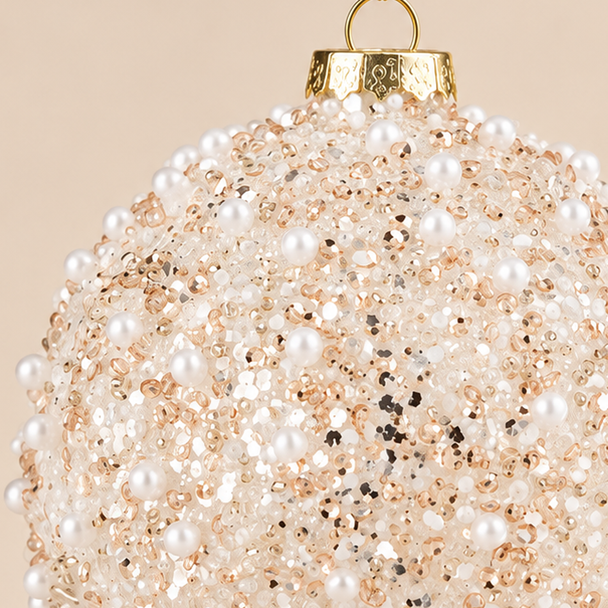 Sfera di Natale in Vetro Bianco Perlato con Perle e Cristalli Rosa Champagne – Ø 10 cm