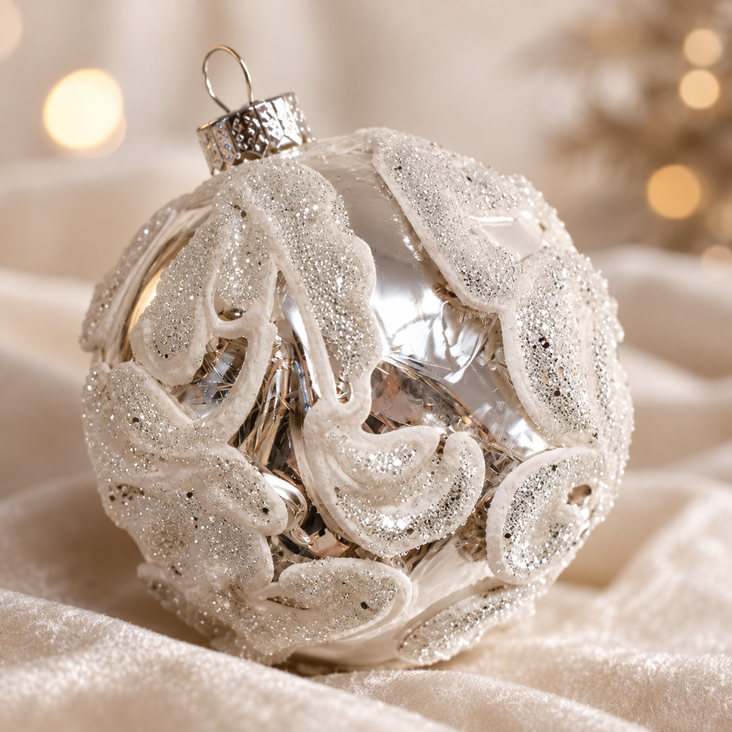 Sfera di Natale in Vetro Argento con Decoro Bianco Glitter Ø 6 cm