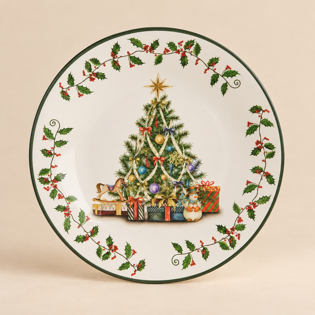 Sottopiatto Natalizio Rotondo con Albero di Natale e Agrifoglio Verde e Bianco Ø33 cm