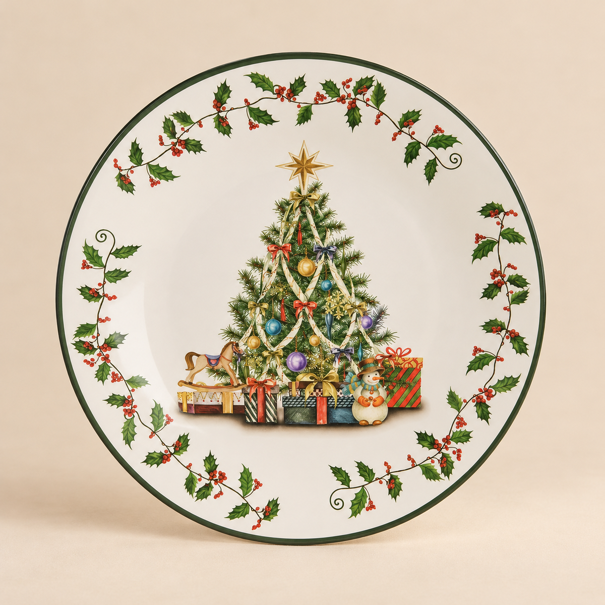 Sottopiatto Natalizio Rotondo con Albero di Natale e Agrifoglio Verde e Bianco Ø33 cm