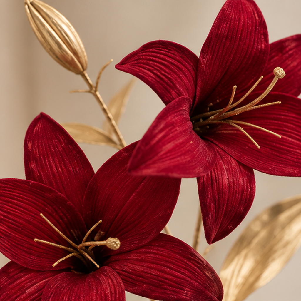 Ramo Decorativo con Gigli Burgundy e Foglie Oro H 75 cm