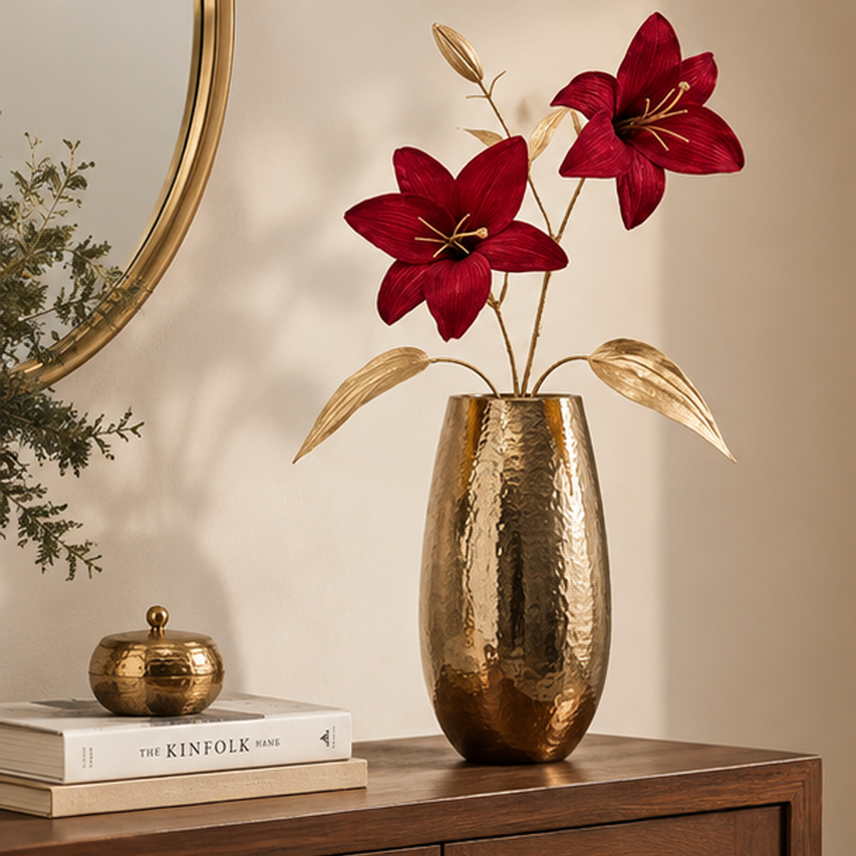 Ramo Decorativo con Gigli Burgundy e Foglie Oro H 75 cm