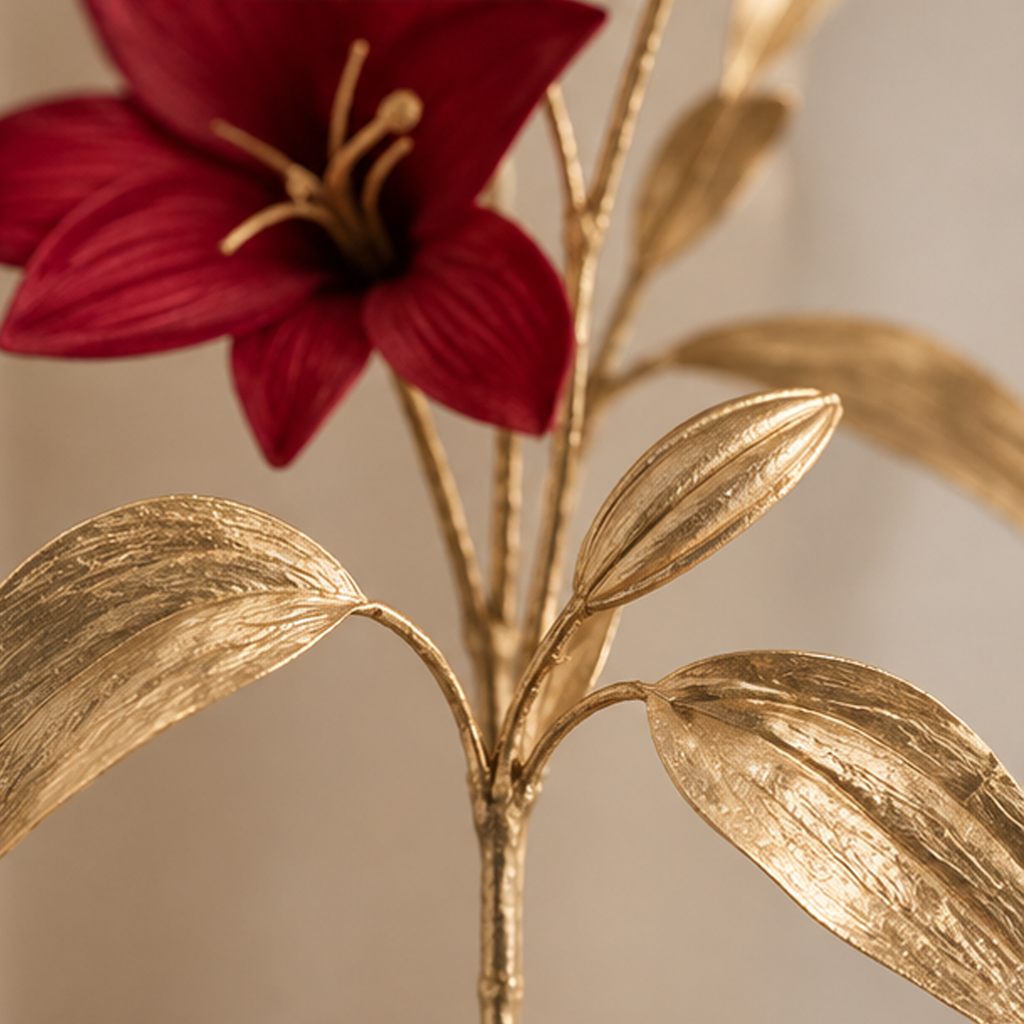 Ramo Decorativo con Gigli Burgundy e Foglie Oro H 75 cm