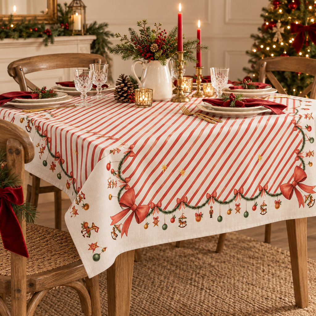 Tovaglia Natalizia Quadrata Christmas Carousel  in Cotone Beige con Righe Rosse, Fiocchi e Addobbi 100 x 100 cm