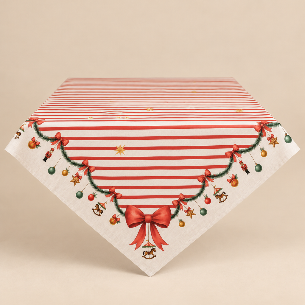 Tovaglia Natalizia Quadrata Christmas Carousel  in Cotone Beige con Righe Rosse, Fiocchi e Addobbi 100 x 100 cm