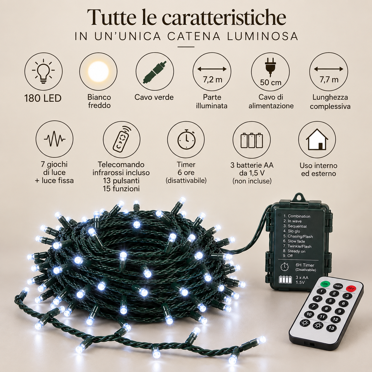 Catena Luminosa a batteria 180 LED 7,2 m con Telecomando e Timer – Interno ed Esterno