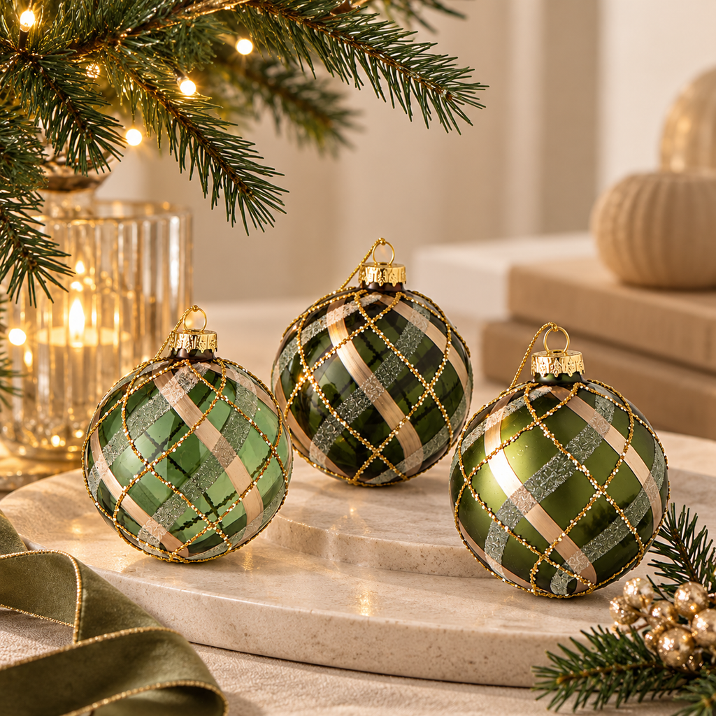 Sfera di Natale in Vetro Verde e Oro con Fantasia a Quadretti e Glitter – Ø 8 cm