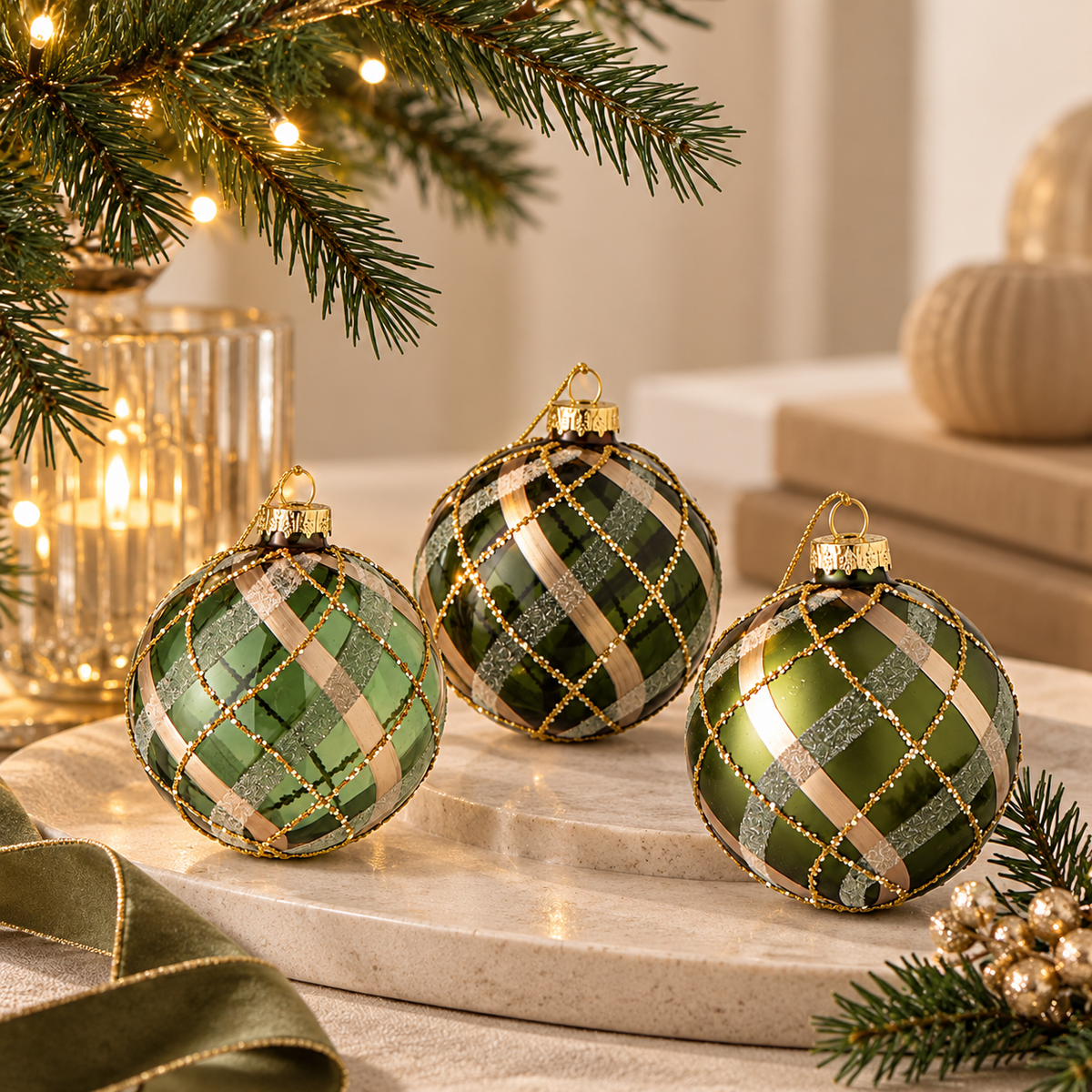 Sfera di Natale in Vetro Verde e Oro con Fantasia a Quadretti e Glitter – Ø 8 cm