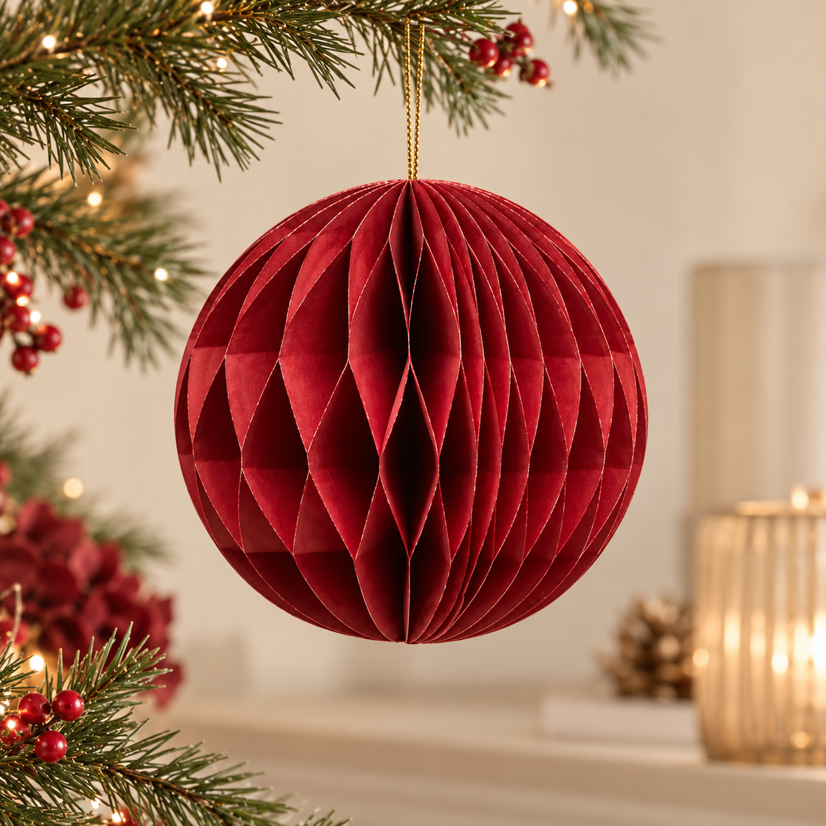 Sfera di Natale EDG Origami in Carta Rosso Bordeaux con Motivo a Nido d'Ape – Ø 10 cm