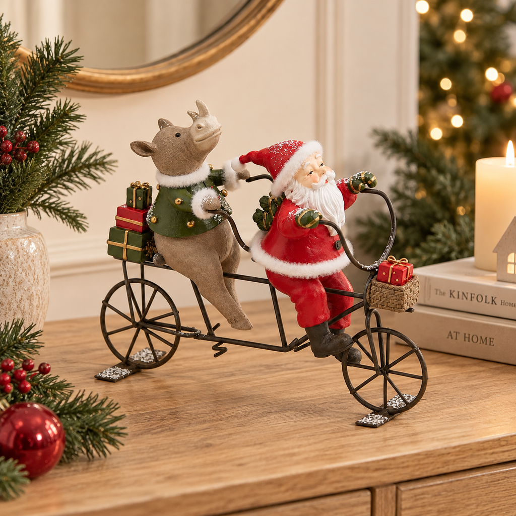 Decorazione Natalizia EDG con Babbo Natale e Renna su Bicicletta Tandem