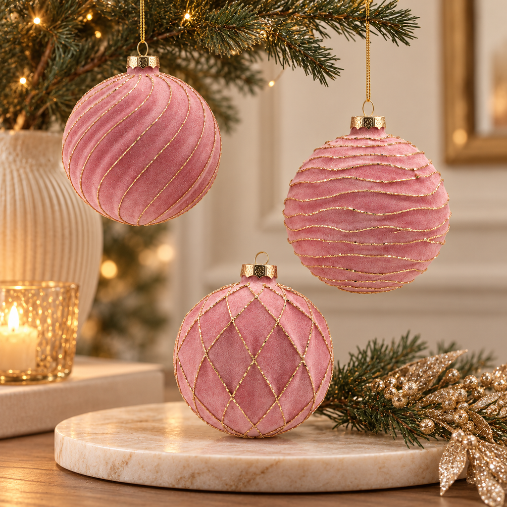 Sfera di Natale in Vetro Rosa Effetto Velluto con Glitter Oro – Ø 10 cm,