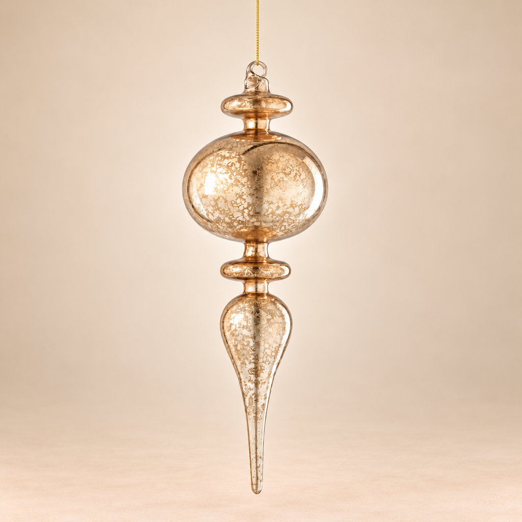 Pendaglio Natalizio a Goccia in Vetro Oro Champagne Anticato con Effetto Maculato 10x30 cm